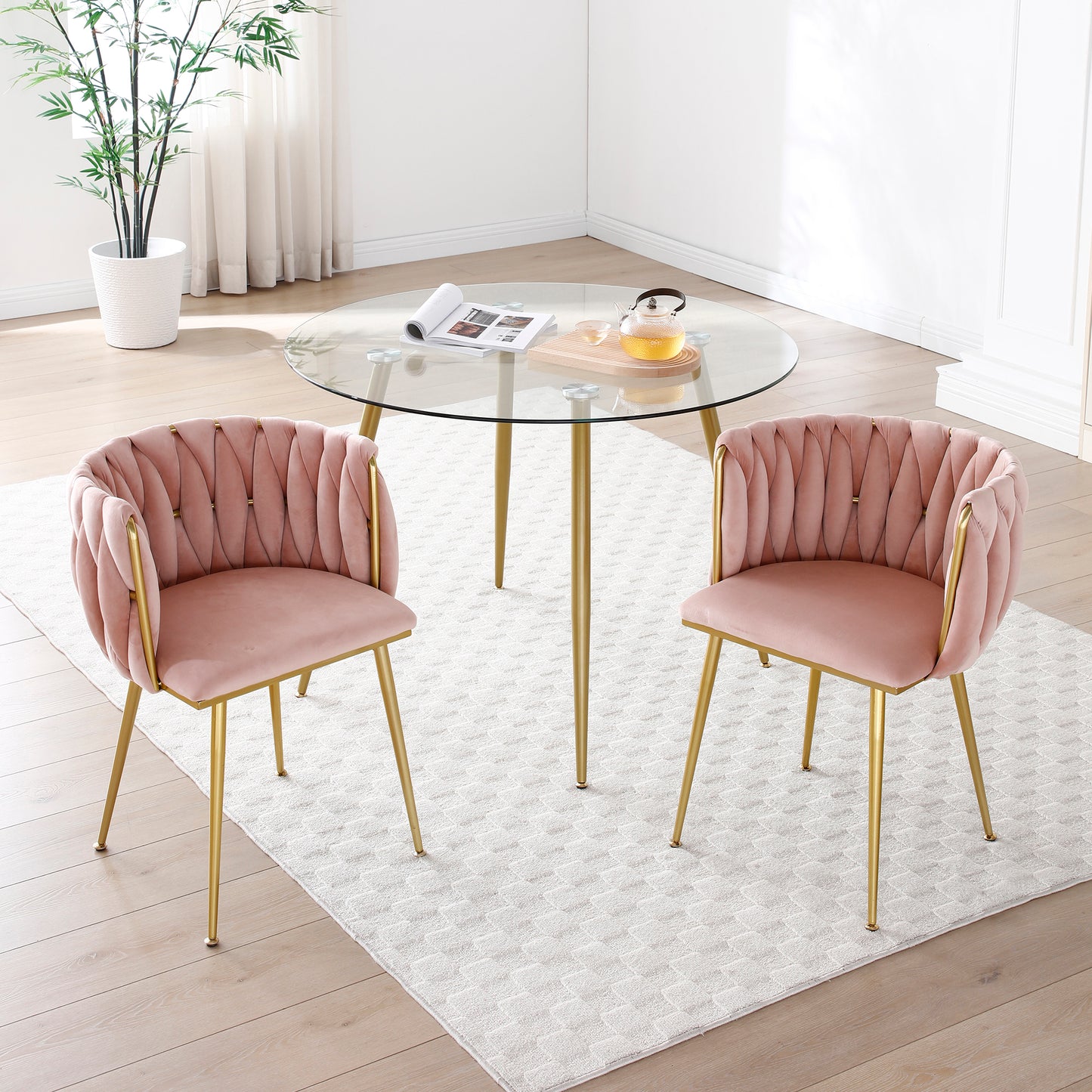 Modern Velvet Dining Chairs Set of 2, Upholstered Woven Dining Chair with Golden Metal Legs, Upholstered Dining Chairs for Dining Room, Kitchen, Vanity, Living Room