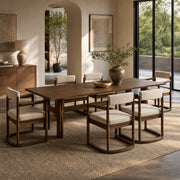 7‑Piece Dining Table Set, 71' Rectangular Rubber Wood Dining Table with 6 Upholstered Arm Chairs, Walnut Wood Frame & Beige Fabric Cushion, for Dining Room Kitchen