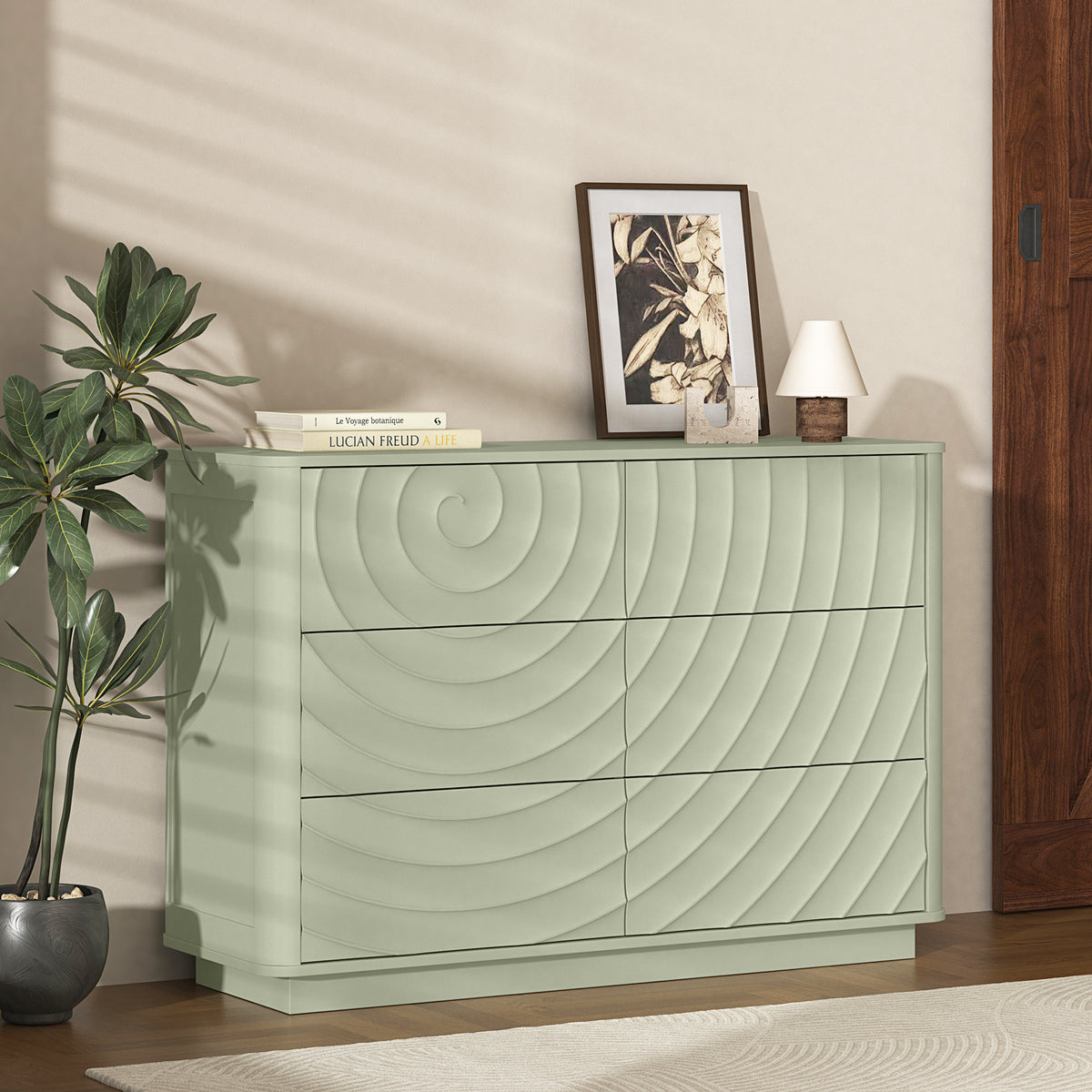 6 Drawer Dresser for Bedroom, 46.5' Wide Modern Large Chest of Drawers with Handle Free & Ripple Design,Wooden Clothes Storage Organizer for Closet, Nursery, Living Room, Apartment, Sage Green