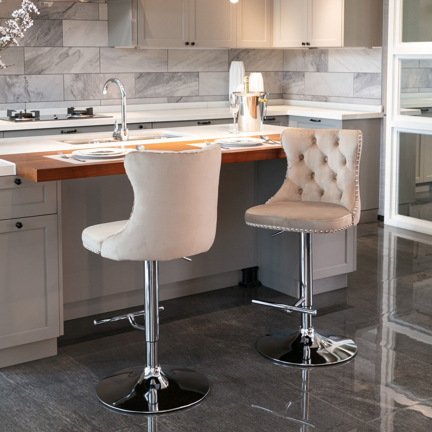 Swivel Barstools Adjusatble Seat Height From 25-33", Modern Upholstered Base Bar Stools With Backs Comfortable Tufted For Home Pub And Kitchen Island (Set of 2)
