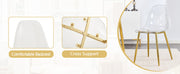 Table and chair set.71 inch oval tempered glass dining table,gold double column light luxury style. Paired with 6 Transparent Plastic Chairs with Golden Metal Legs.