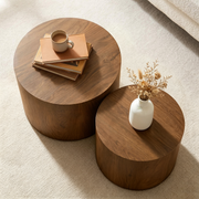Nesting Coffee Table Set of 2, Modern Round Coffee Table with Non-Slip Feet, Wood Side Table for Living Room, Bedroom, Office, Balcony, Terrace,Small Space, No Assembling,Walnut