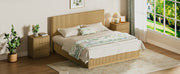 King Size Bed Frame with LED Lights, Modern Wooden Corrugated Curved Lines, Convex Groove Board Design, Oak.
