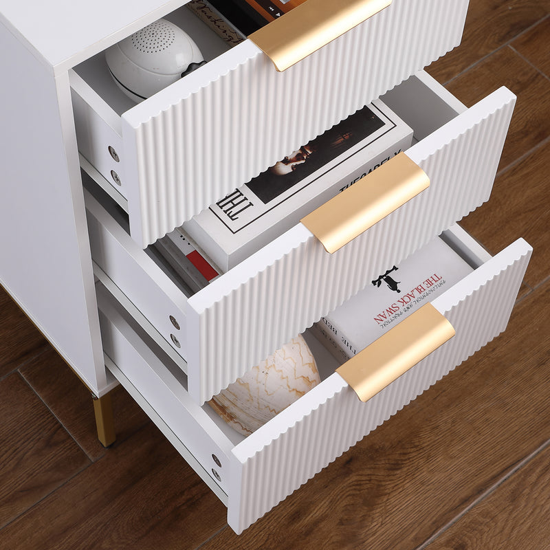 Nightstand with 3 Drawers,Mid-Century Modern End Table,Bedside Table, Gold Metal Legs,Gold Metal Handles,Wavy Drawer PanelsEnd Table for Bedroom White