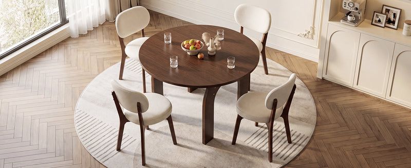 51.2' Solid Wood Extendable Dining Table Set with 6 Upholstered Chairs, 7 Piece Farmhouse Dinner Set with Walnut Finish & Arch Legs, Drop Leaf Converts Oval to Round for Small Spaces, Easy Assembly