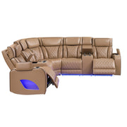 Fortuner Power Recliner Sectional Sofa with Power Headrests, Console Loveseats, Wedge, LED Light Strip, Speakers, Cup Holders & Storage Arms-Caramel