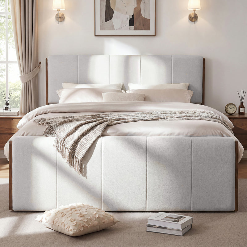 Queen Size Upholstered Bed Frame, Walnut Wood Trim with Grey Fabric, Pine Wood with MDF, 500 LBS Capacity, Fits 8'-10' Mattress, No Box Spring Needed
