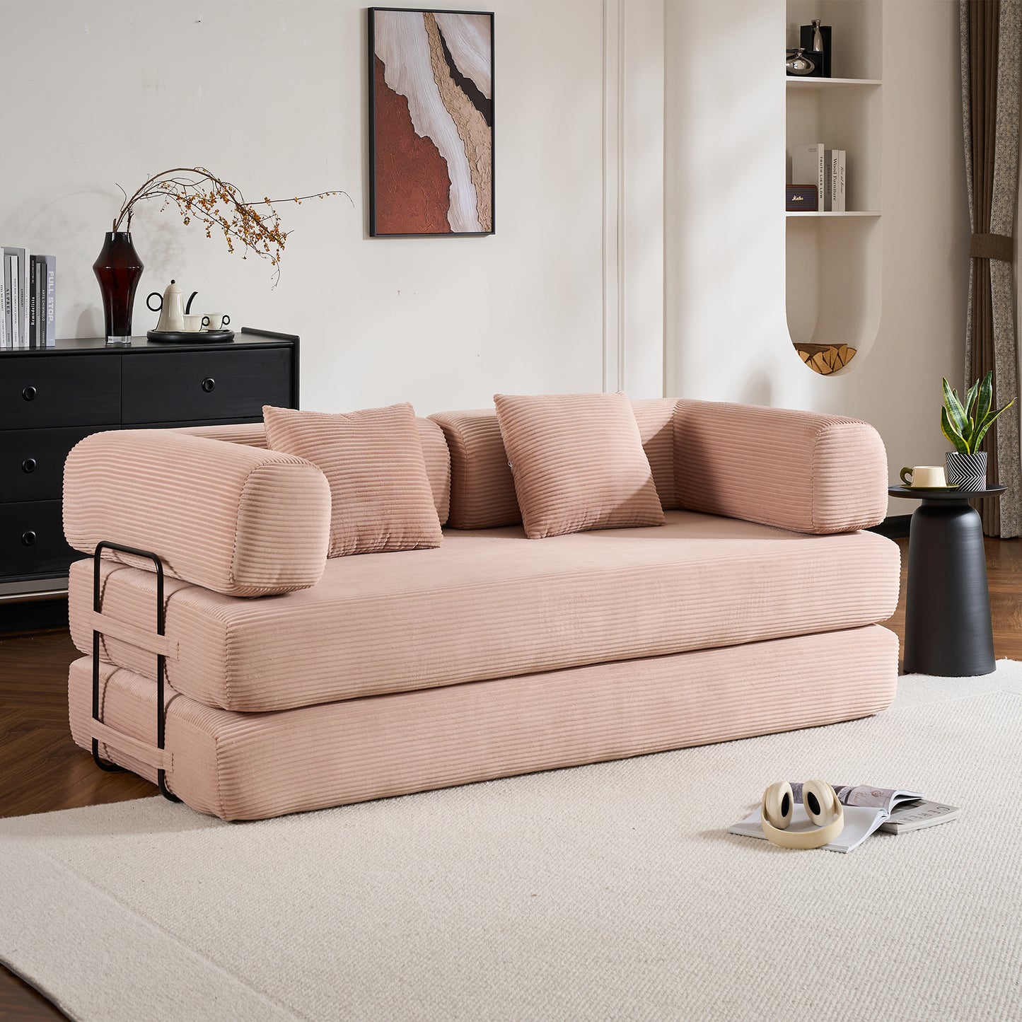 Convertible Sleeper Sofa Bed with Cylindrical Pillow, Corduroy Folding Mattress Couch with Fixed-Shape Frame, Floor Sofa Lounge Couch for Living Room Bedroom (Pink)