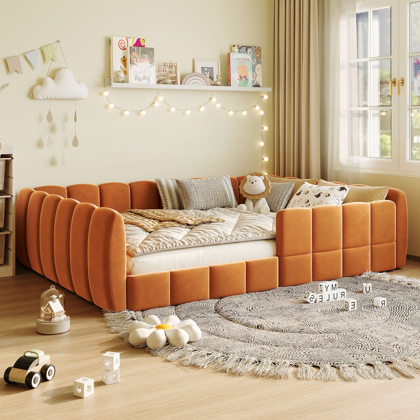Full Size Velvet Upholstered Floor Bed, Pumpkin Orange