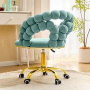 Modern Velvet Adjustable Swivel Desk Chair with Bubble Back, Upholstered Vanity Chair with Gold Metal Base, Rolling Office Chair for Home Office, Bedroom, Makeup Room, Blue (Set of 1)
