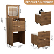 3 in 1 Vanity Desk with 3 Drawers and Rolling Stool, Compact Vanity with Flip Top Mirror and Lights, Modern Small Makeup Vanity Table (Walnut Color)