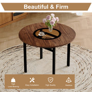 Table and chair set.42 inch modern minimalist brown wood grain round dining table set.Paired with 4 Transparent Plastic Chairs with Black Metal Legs.Bring a comfortable home experience.