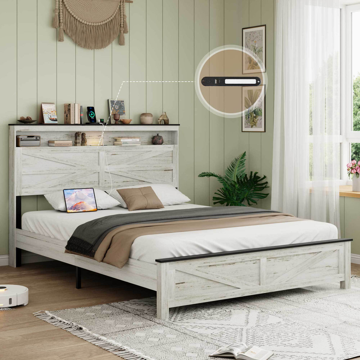 Fully floating bed frame with LED lights and charging station cushion platform bed frame, large bed, with headboard and hidden storage space, no need for box springs, Antique White+Gray