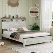 Fully floating bed frame with LED lights and charging station cushion platform bed frame, large bed, with headboard and hidden storage space, no need for box springs, Antique White+Gray