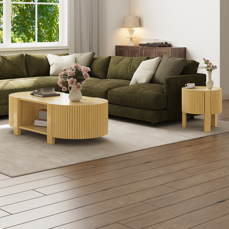 Round Fluted Side Table with Storage for Living Room, Rubber Solid Wood, Soft-close Door, Natural, 19.6'