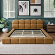 Roswell Luxurious King Size Platform Bed with Biscuit-Tufted Vegan Leather Headboard in Tan, Durable Material, 95.1 x 95.5 x 39.2 Inches