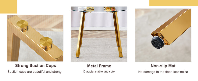 Table and chair set.A Modern Minimalist Style Round Clear Tempered Glass Table with Metal Legs.Paried with white chairs with Modern PU Leather High Back Upholstered and C-Tube Golden Legs.
