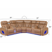 Fortuner Power Recliner Sectional Sofa with Power Headrests, Console Loveseats, Wedge, LED Light Strip, Speakers, Cup Holders & Storage Arms-Caramel