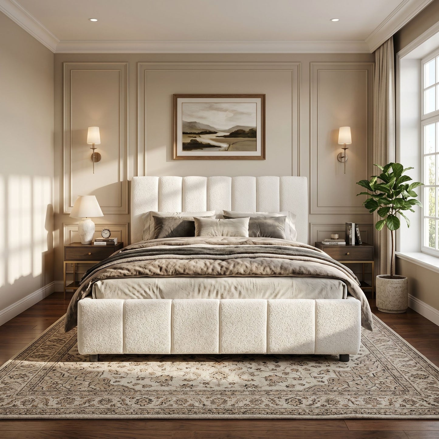 Queen Size Upholstered Bed Frame With Boucle Fabric And Thick Headboard, Off white