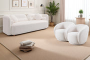 Modern Japandi White Boucle Sofa Set, 5-Piece Upholstered Cloud Couch Bundle, 3-Seater Sofa + 4 Pack 360° Swivel Barrel Accent Chairs for Living Room, Apartment, Home Office