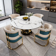 Round Dining Set with 360° Rotating Lazy Susan, Scratch & Heat‑Resistant Sintered Stone Tabletop, 4 Gold‑Plated Iron Thick Cushion Chairs for Dining Room, Kitchen, Compact Space