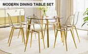 Table and chair set.Modern circular transparent tempered glass table, tempered glass tabletop, golden metal table legs.A Set of  6 Transparent Plastic Chairs with gold legs.