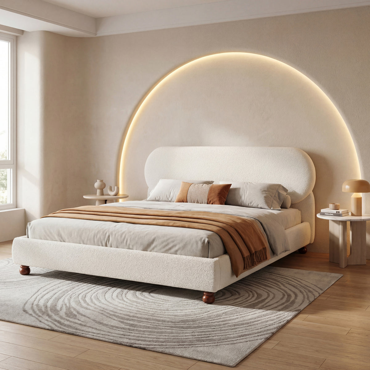 Cream-colored Boucle Upholstered Bed with Rubber Wood Foot ,Queen