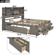 King Size Platform Bed with Storage Headboard and 8 Drawers, Gray