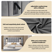 King Size Upholstered Bed Frame,With Wall Sconce And USB Port, Wide Headboard, Velvet, Gray