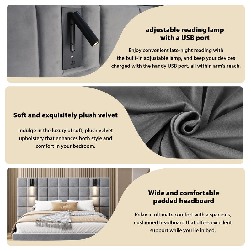 King Size Upholstered Bed Frame,With Wall Sconce And USB Port, Wide Headboard, Velvet, Gray