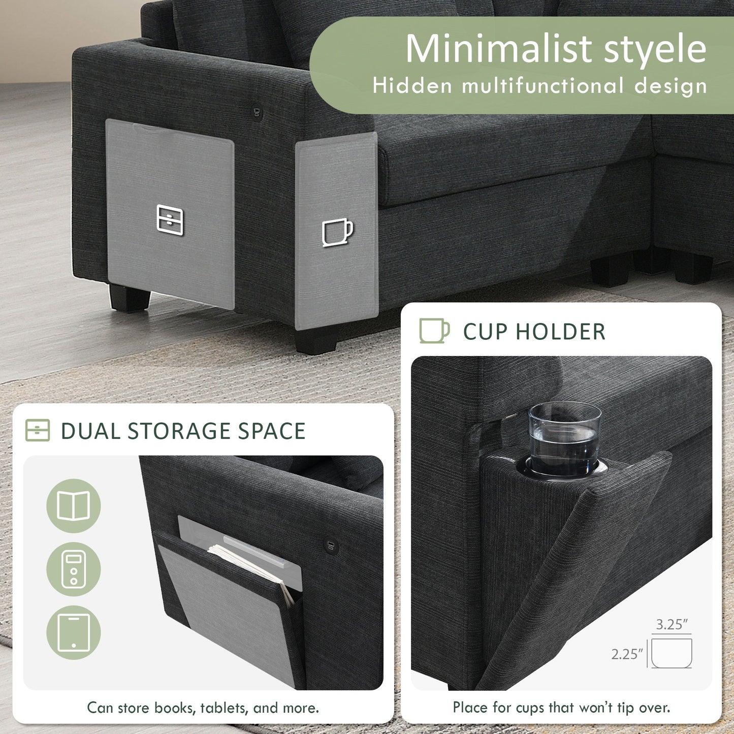 U Shaped Sectional Sofa 6 Seat Couch Set With Oversized Ottoman, Hidden Armrest Storage And Cup Holders USB Charging Ports Wide Seat Sofa