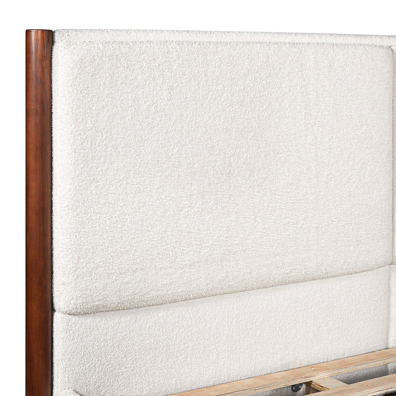 Queen Size Upholstered Bed Frame, Walnut Wood Trim with White Fabric, Plywood & Rubber Wood Construction, 600 LBS Weight Capacity, Fits 8'-10' Mattress, No Box Spring Needed