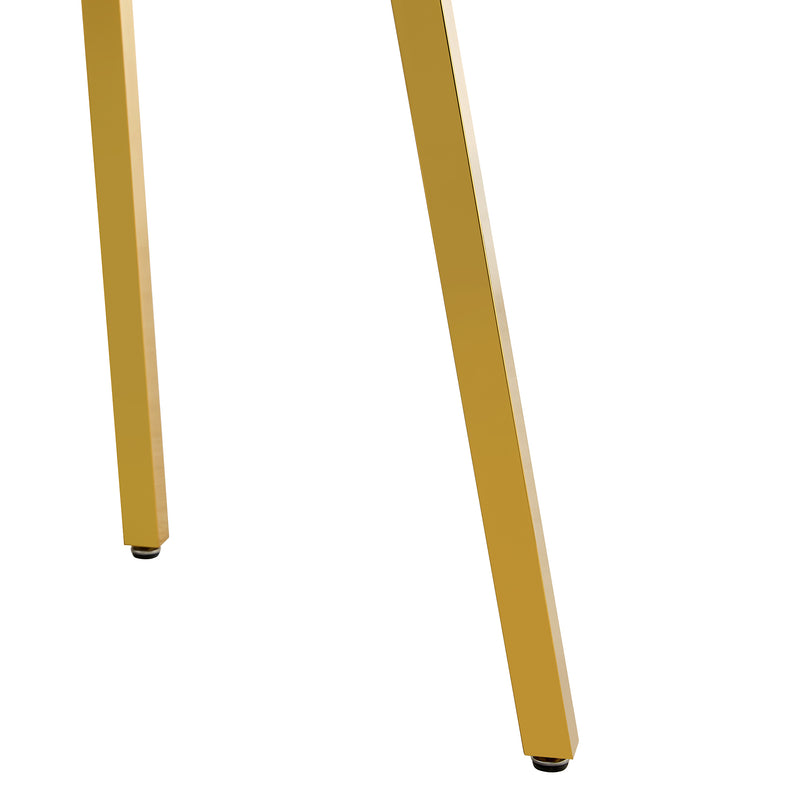Table and chair set.A Modern Minimalist Style Round Clear Tempered Glass Table with Metal Legs.Paried with white chairs with Modern PU Leather High Back Upholstered and C-Tube Golden Legs.