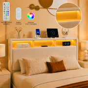 Queen-size upholstered bed with drawers, storage headboard with charging station and LED lights, no spring mattress needed, silent design, easy to assemble, beige
