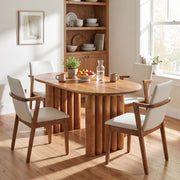5-Piece Indoor Dining Set with Oval MDF Table and Beige PU Arm Chairs in Walnut Brown Finish