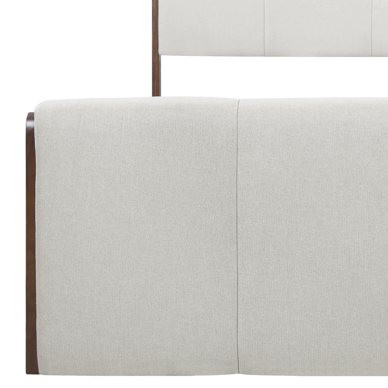 Queen Size Upholstered Bed Frame, Walnut Wood Trim with Grey Fabric, Pine Wood with MDF, 500 LBS Capacity, Fits 8'-10' Mattress, No Box Spring Needed