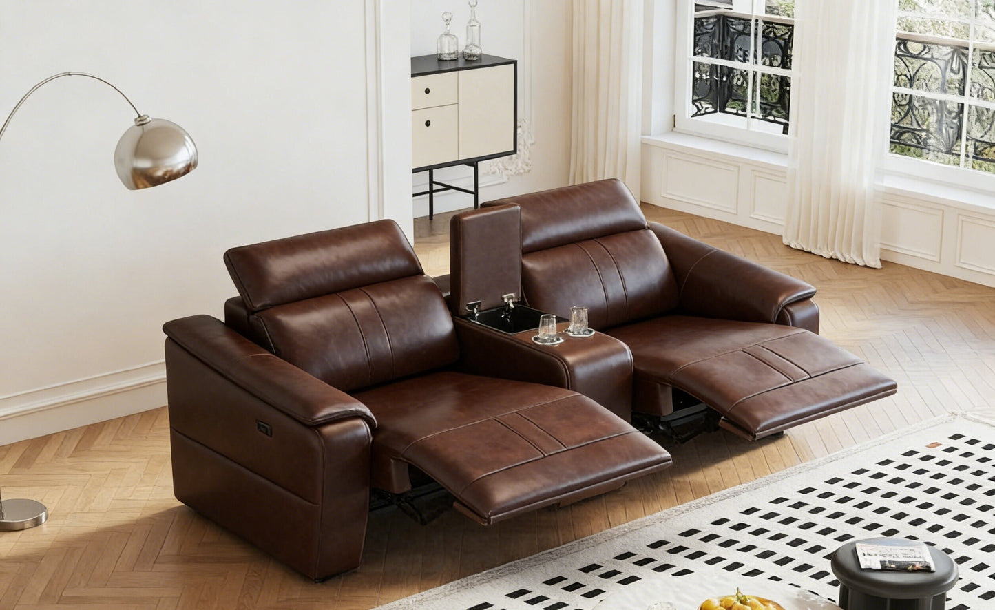 Power Loveseat Recliner Sofa, Reclining Sectional Sofa with Adjustable Headrest & Power Recline, Breathable Leather with Storage Console & USB Ports, Easy Assembly Living Room Furniture Sets