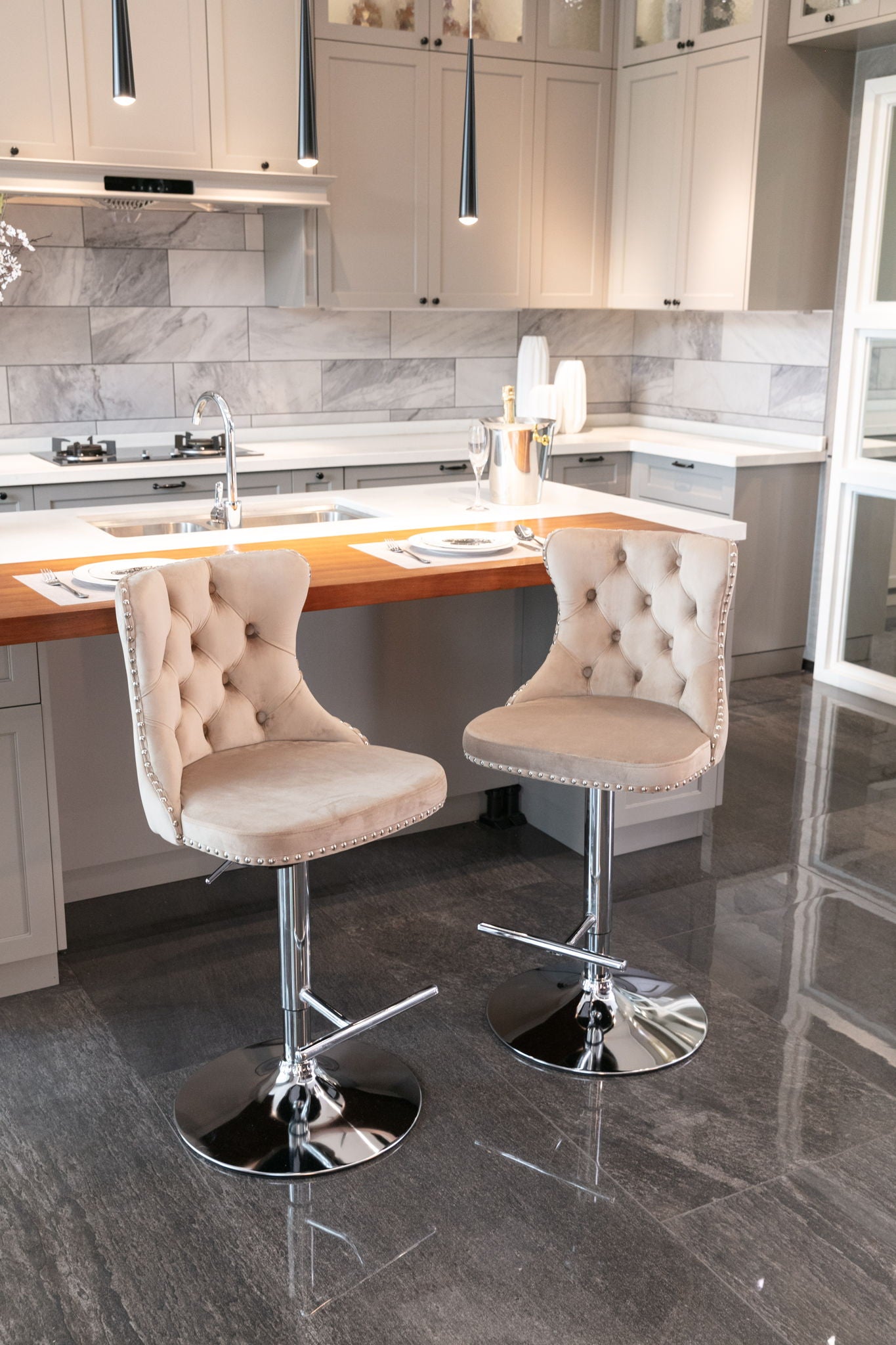Swivel Barstools Adjusatble Seat Height From 25-33", Modern Upholstered Base Bar Stools With Backs Comfortable Tufted For Home Pub And Kitchen Island (Set of 2)