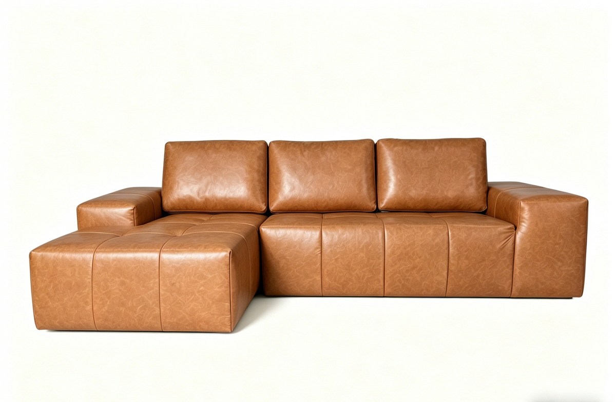 Boneless Couches for Living Room, Brown Faux Leather Cloud Sectional Couches with Chaise, Deep Seat L Shaped Modular Sofa, No Assembly Required Sofas in a Box (Left,Faux Leather,Brown)