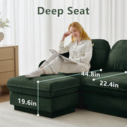 Oversize Chenille L-Shaped Sofa,Deep Seat Sofa Couch with Movable Ottoman,Exquisite round pillows and quilted back cushions,Recessed Base Frame Legs,Easy Assembly,Fits Living Room,Green