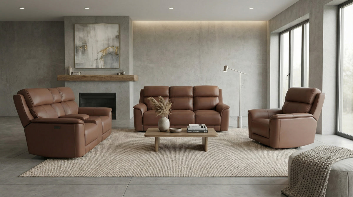Oslo Dual Power Reclining Sofa and Love Seat with a Manual Swivel Glider Recliner in Pecan