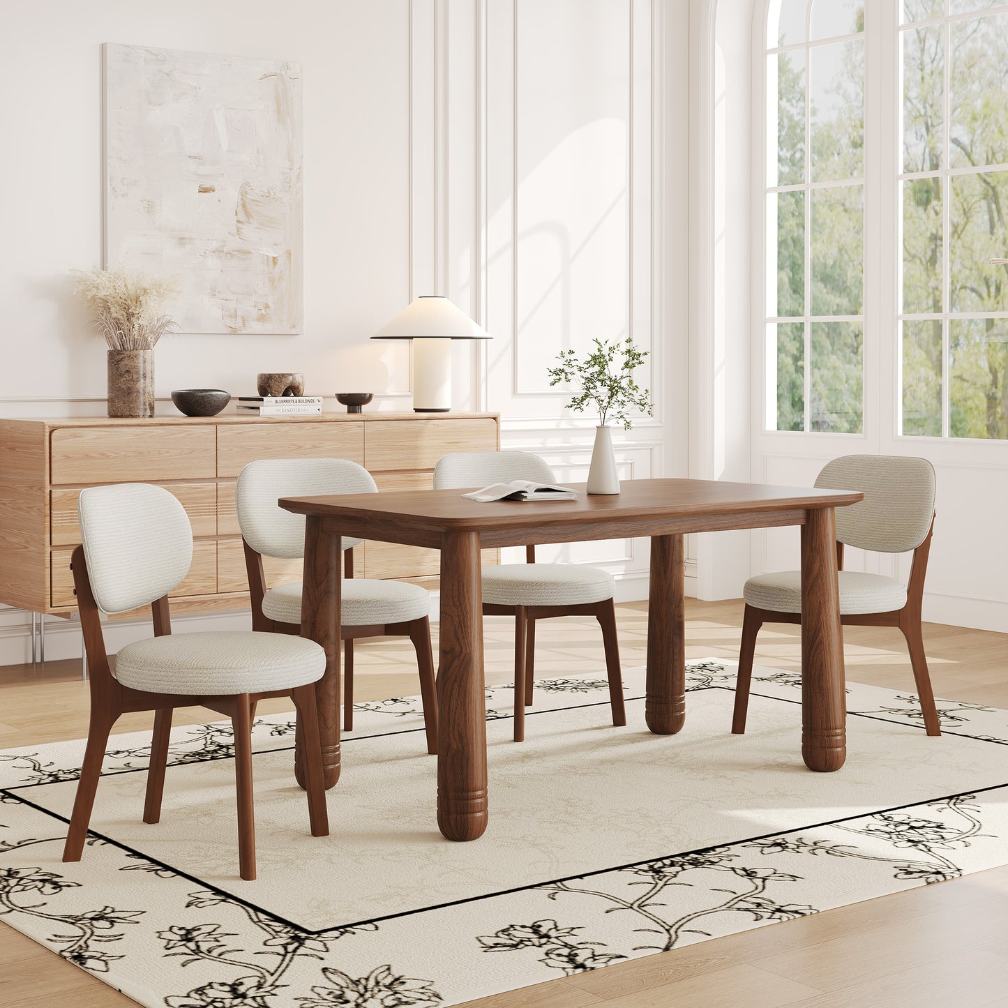 63' Solid Wood Dining Table Set with 4 Upholstered Chairs, Farmhouse Dinner Table Set of 5 Piece with Walnut Finish & Beige Chenille Seats, Heavy-Duty Support up to 1000 lbs, Easy Assembly