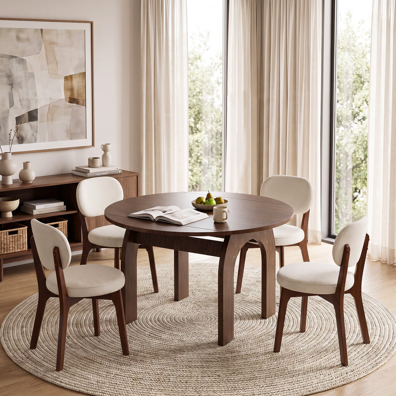 51.2' Solid Wood Extendable Dining Table Set with 6 Upholstered Chairs, 7 Piece Farmhouse Dinner Set with Walnut Finish & Arch Legs, Drop Leaf Converts Oval to Round for Small Spaces, Easy Assembly
