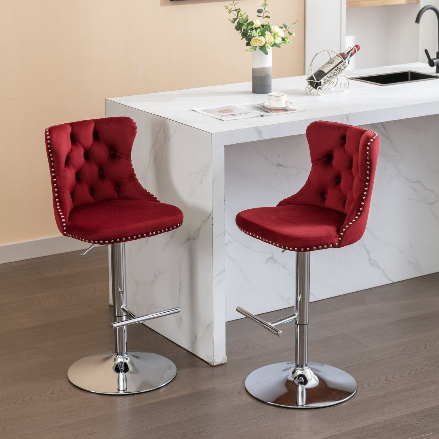 Swivel Barstools Adjusatble Seat Height From 25-33", Modern Upholstered Base Bar Stools With Backs Comfortable Tufted For Home Pub And Kitchen Island (Set of 2)