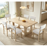 7-Piece Dining Table Set for 6, 57 Inch Light Oak Rectangular Table with 6 Ergonomic Linen Upholstered Chairs, Sturdy U-Shaped Base Modern Japandi Farmhouse Furniture for Dining Room & Apartment