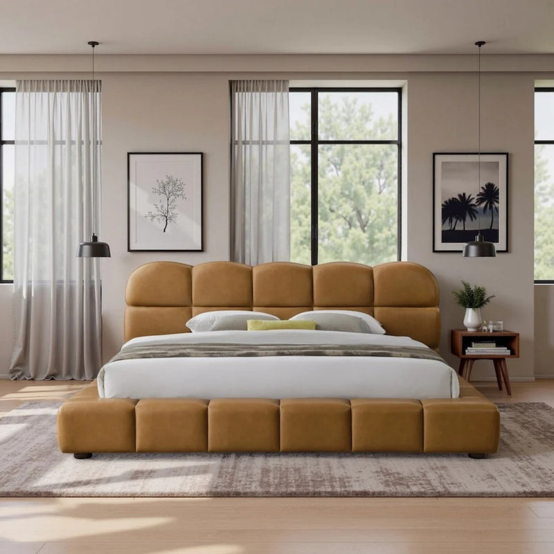 Roswell Luxurious King Size Platform Bed with Biscuit-Tufted Vegan Leather Headboard in Tan, Durable Material, 95.1 x 95.5 x 39.2 Inches