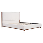 Queen Size Upholstered Bed Frame, Walnut Wood Trim with White Fabric, Plywood & Rubber Wood Construction, 600 LBS Weight Capacity, Fits 8'-10' Mattress, No Box Spring Needed
