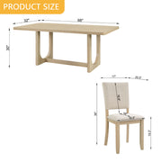 7-Piece Dining Table Set for 6, 68 Inch Rectangular Kitchen Table with 6 Upholstered Chairs, Natural Wood Dining Room Furniture Set with Sturdy U-Shaped Frame for Family, Apartment, Dining Room