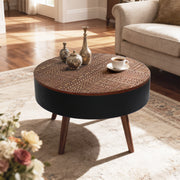 31.5-inch round coffee table with storage function, featuring an engraved tabletop, is an ideal beverage table for small spaces, serving as a modern-style accent side table suitable for living rooms,