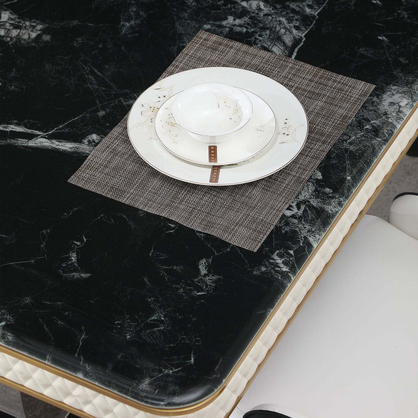 Luxury Modern Dining Table With 6 Chairs Marble Top Titanium Plated Base - Black